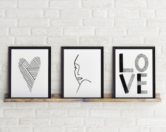 Set of 3 Prints, Abstract Woman Face, Heart, Love, Printable Wall Art, Line Drawing,  Boho Decor, Digital Print, Instant Download Art