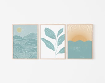 Set of 3 Prints, Abstract Landscape, Botanical Printable Wall Art, Ocean Waves, Boho Beach Print, Beach House Decor, Abstract Art Print
