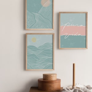 Abstract Landscape, Pura Vida, Printable Wall Art, Set of 3 Prints, Ocean Waves, Boho Beach ...