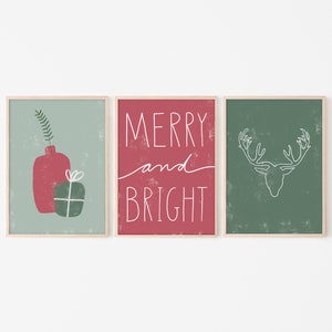 Christmas Set of 3 Prints, Printable Wall Art, Boho Decor, Merry And Bright, Quote Wall Art, Christmas Decorations, Instant Download Art