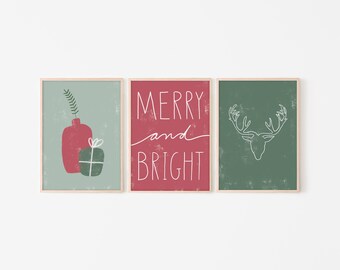 Christmas Set of 3 Prints, Printable Wall Art, Boho Decor, Merry And Bright, Quote Wall Art, Christmas Decorations, Instant Download Art
