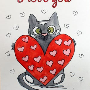 Cartoon kat met groot hart origineel aquarel Valentijnsdagcadeau Cadeau voor vrouw Cadeau voor echtgenoot Schattig wanddecoratie Cadeau voor geliefde Liefdeskunst
