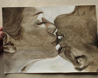 Lovers' kiss original watercolor Love art Valentine's Day gift Wedding gift Anniversary gift Romantic bedroom decor Couple in love art