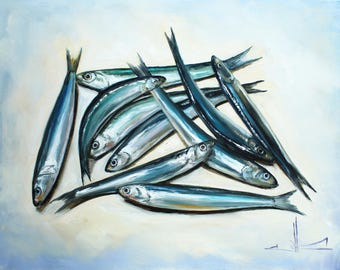 Sardines origineel olieverfschilderij vis kunst keuken huisje decor sardines kunst huisje decor zeevruchten kunst verjaardag gif nautisch decor