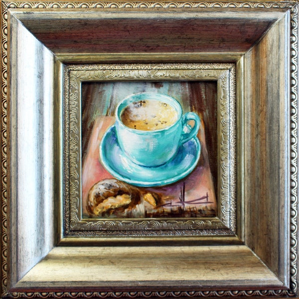 Mini-Kaffee-Gemälde, blaue Tasse, Gemälde des Autors, Kaffee-Bar-Kunst, gerahmte Malerei, Kaffee-Wand-Dekor, Kaffee-Geschenk, Essenskunst