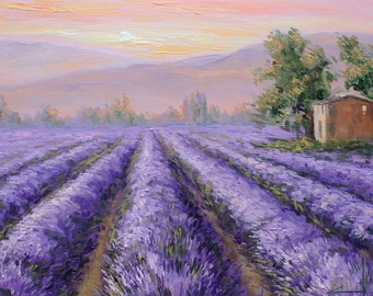 Lavender Field Original Oil Painting Lavender painting Lavender wall decor Living room decor Housewarming gift Provence Landscape Art