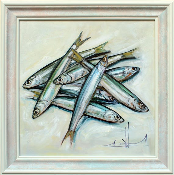 Sardines Original Oil Painting Colorful Seafood Art Nautical Cottage Decor Cottage decor Anniversary gif Housewarming gift Food art