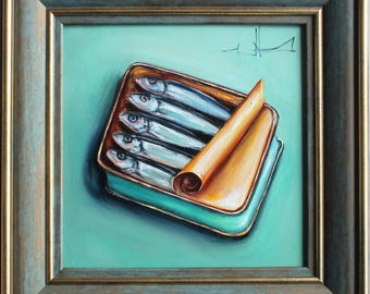 Sardines in Can Original Oil Painting Nautical Cottage Decor Fish art Thanksgiving home decor Anniversary gif Sardines gift Gift for Her