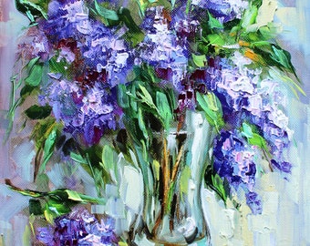 Bouquet of lilac painting Author's painting Lilac in a glass vase Pastose painting Mom Gift Spring flowers art Lilac art Flowers art