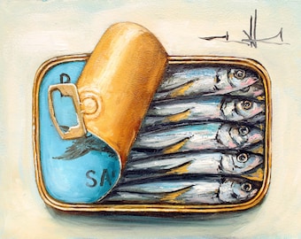 Sardine in Can Original Oil Painting Kitchen wall art Cottage Decor Sardine art Gift for Wife Fish Art Seafood art Housewarming gif