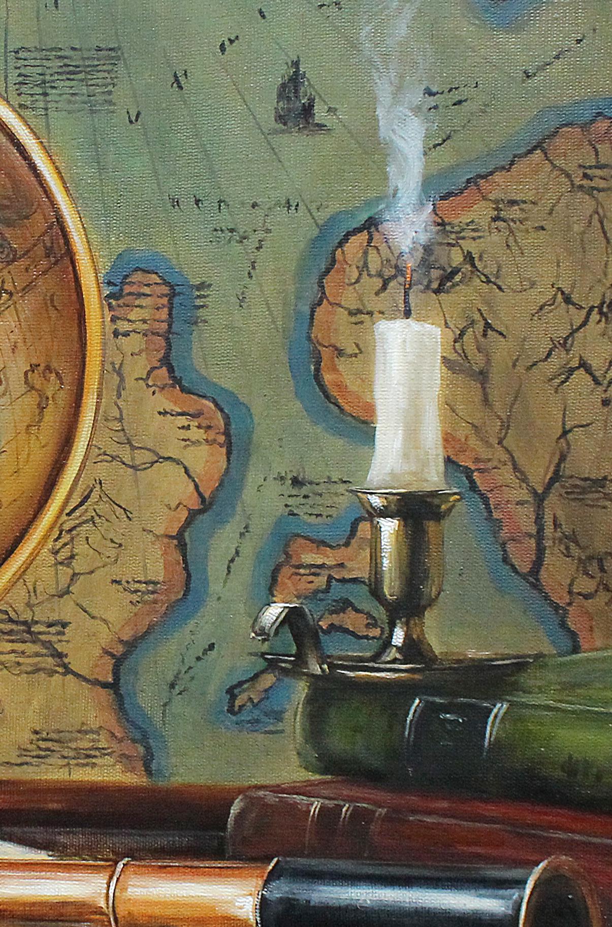 Still Life Map Retro Still Life With Geographical Maps and Globe Original Oil Painting ...