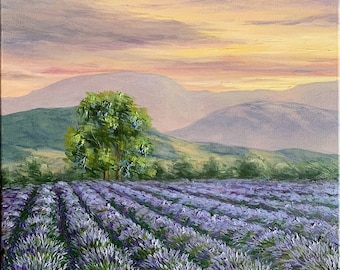 Provence Lavender Field Original Oil Painting Sunset Landscape Art Cottage Decor Gift for her Anniversary gift Retro decor Vintage gift