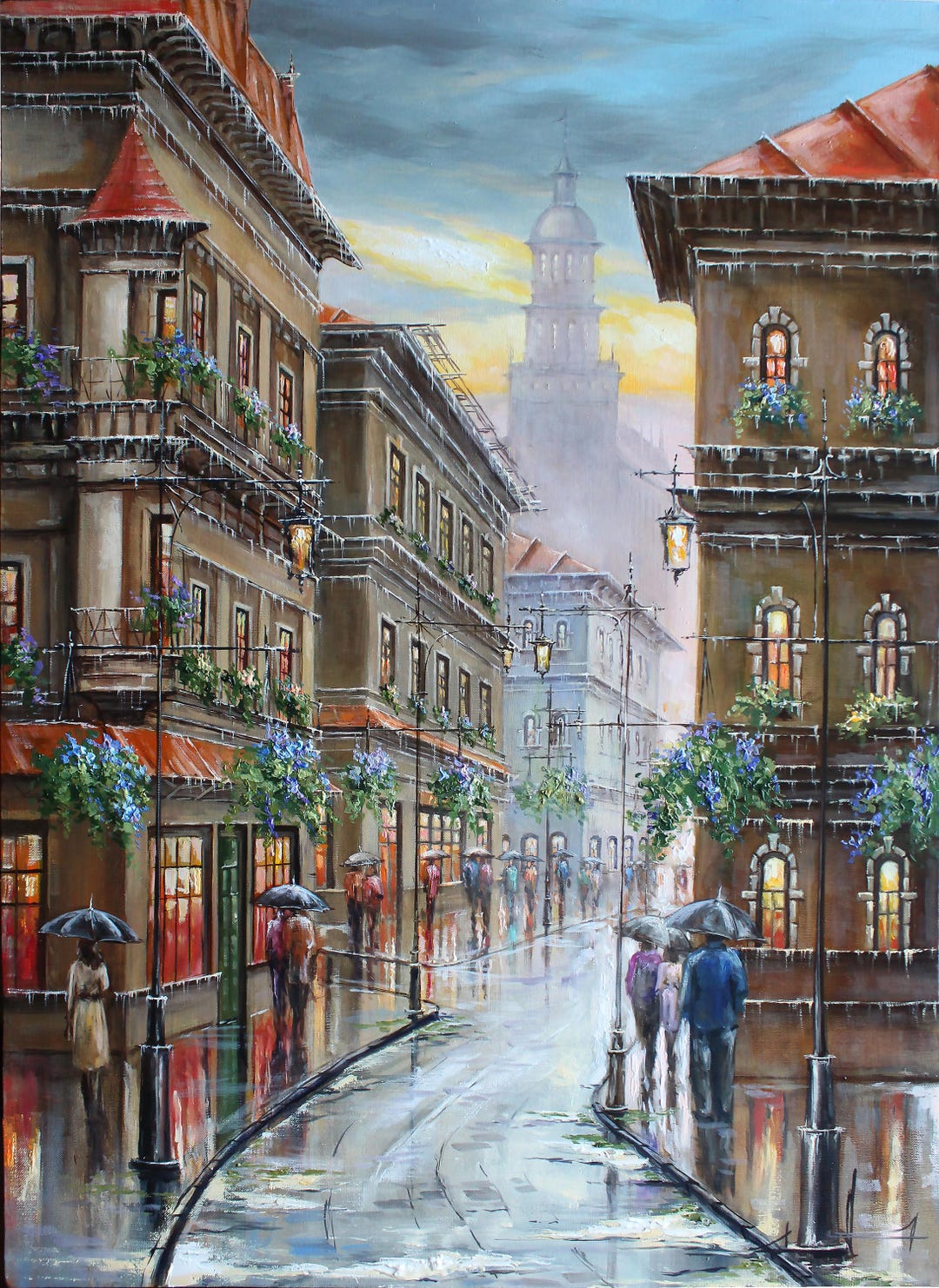 雨の街のオリジナル油絵 ヨーロッパの都市芸術 雨の壁の装飾 風景