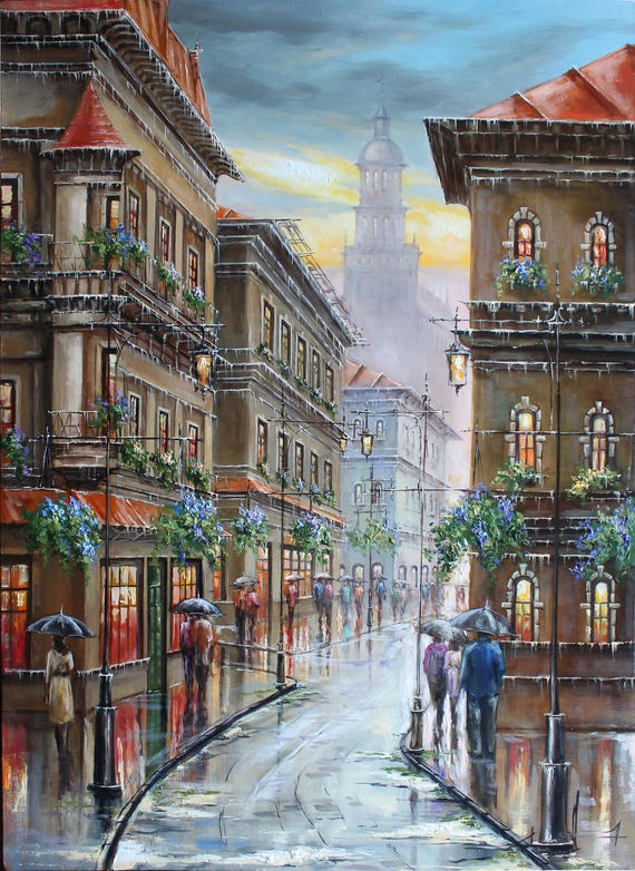雨の街のオリジナル油絵 ヨーロッパの都市芸術 雨の壁の装飾 風景