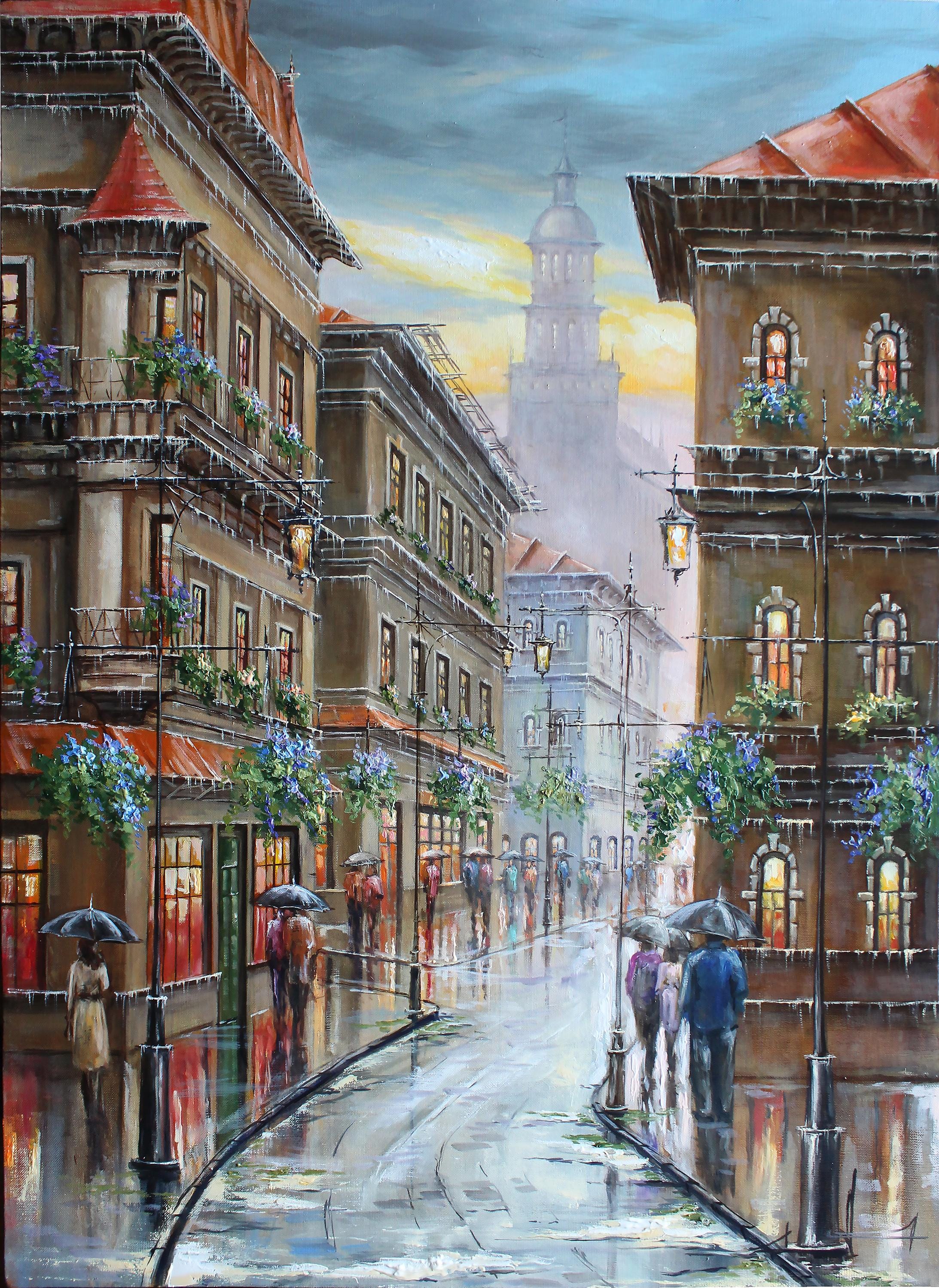 雨の街のオリジナル油絵 ヨーロッパの都市芸術 雨の壁の装飾 風景
