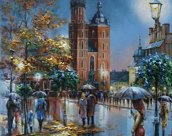 夜の街の油絵 オリジナルの街の風景画 都市景観アート 街の明かりの壁