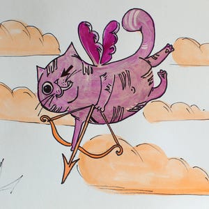 Cartoon kat Cupido in de wolken Cadeau voor Valentijnsdag Cadeau voor een geliefde Cadeau voor een kind Jubileumcadeau Kinderkamerinrichting Slaapkamerinrichting