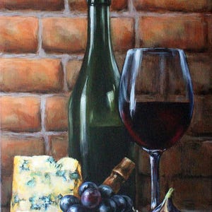 Still life with red wine fruit and cheese original oil painting Wine art Wine and cheese gift Kitchen decor Gift for wine lover Bordeaux art