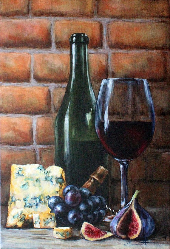 ワインとチーズの油彩画 ワインとチーズの油彩画 ワインとチーズの油彩画 美術品・アンティーク