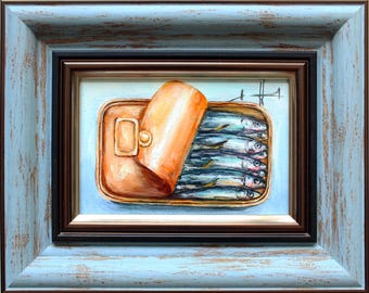 Sardinen in der Dose Ölgemälde Vintage Fisch Cottage Deko Danksagungsgeschenk meeresfische Kunst Fisch Art Küsten Geschenk