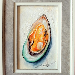 Mussel Shell Oil Painting: Coastal Cottage Decor, Nautical Art