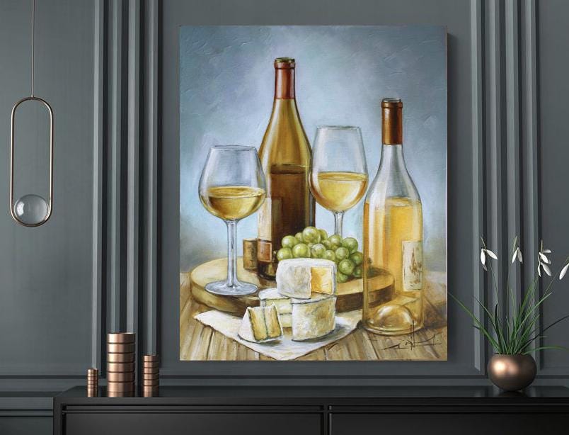 ワインとチーズの油彩画 ワインとチーズのオリジナル油絵静物画食べ物と飲み物のアートワイン