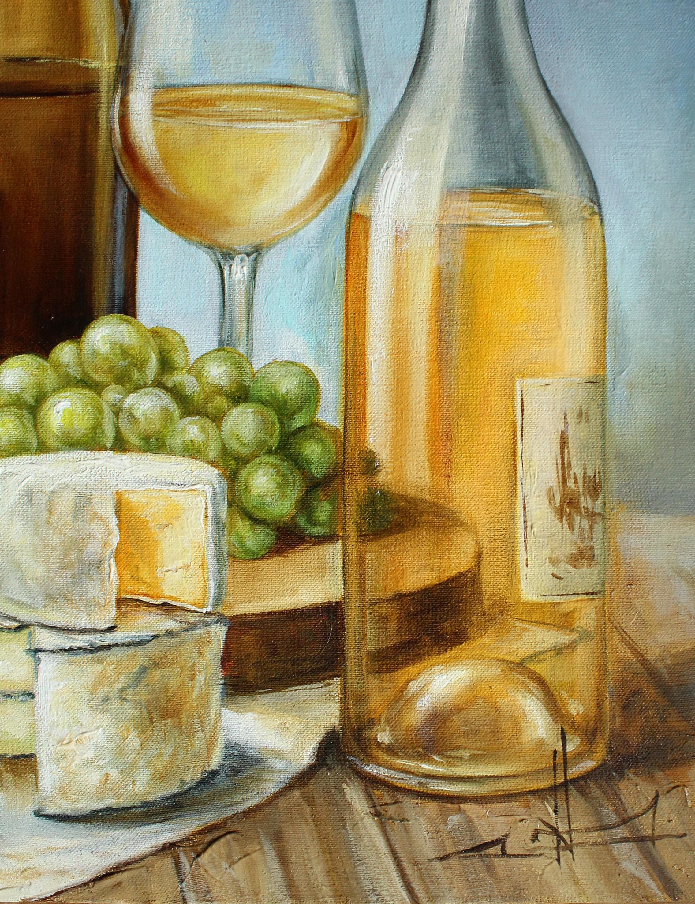 ワインとチーズのオリジナル油絵静物画食べ物と飲み物のアートワイン