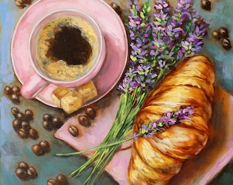 Cup of coffee croissant and lavender original oil painting Coffee art Coffee wall decor Coffee gift Gift for her Kitchen wall decor Morning