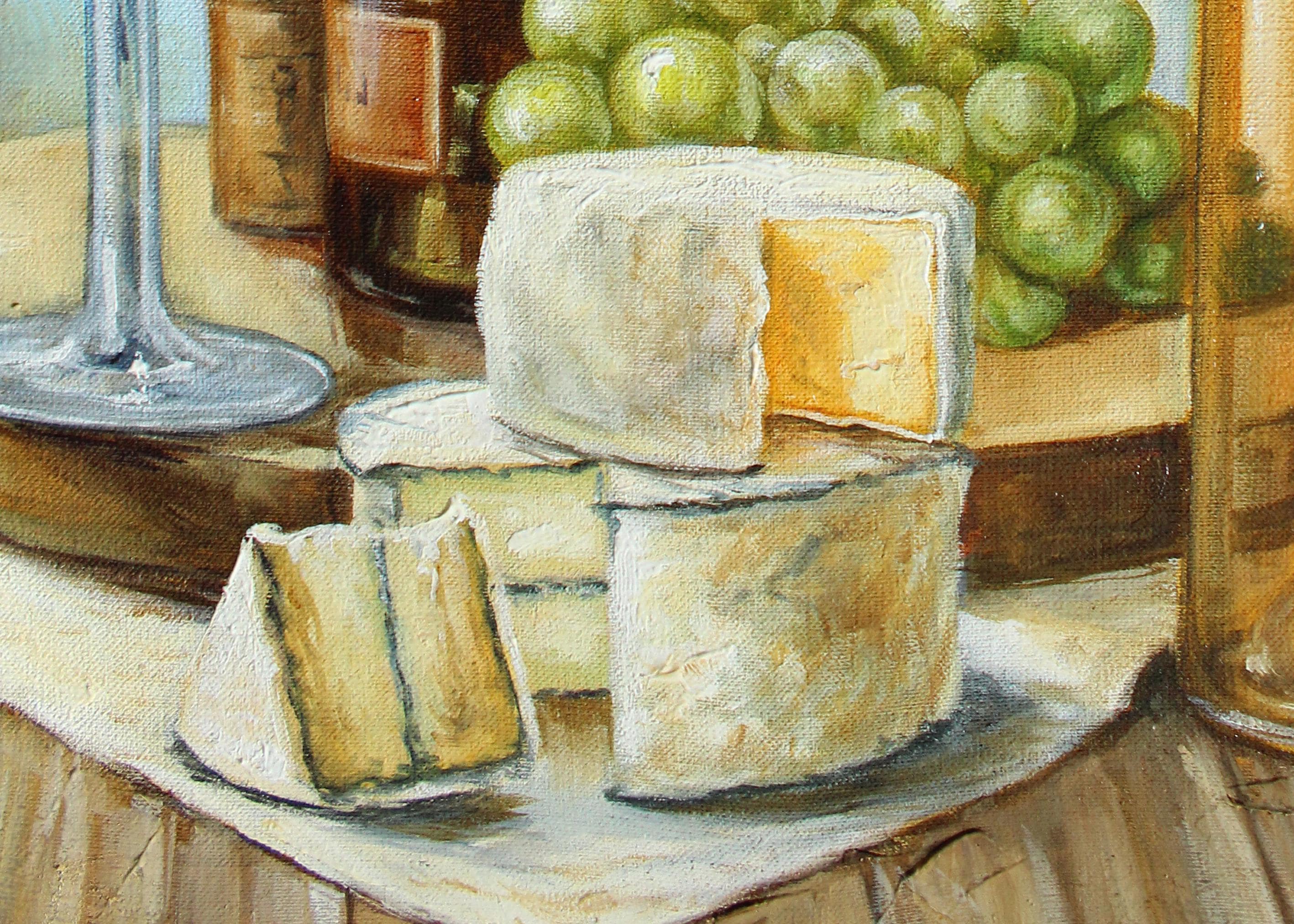 ワインとチーズの油彩画 ワインとチーズのオリジナル油絵静物画食べ物と飲み物のアートワイン