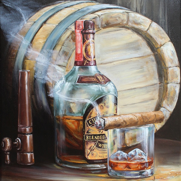 Whiskey Bottle Painting Bourbon Painting Alcohol Drink Art Bar Wall Art Bourbon Wall Art Black Art Canvas Artwork Whiskey Barrel Still Life