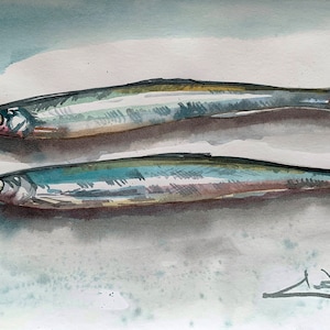 Sardine acquerello Arte di frutti di mare Arte di sardine Arte di pesci Decorazione della cucina Decorazione retrò Regalo vintage Arte nautica Decorazione da parete Sta Regalo per lei