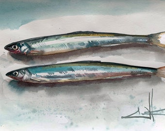 Sardinen Original Aquarell Seafood Kitchen Decor Seafood Art Sardinen Fischkunst Küchendeko Retro-Dekor Vintage Geschenk Nautische Kunst