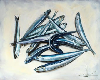 Sardines origineel schilderij keukenkunst vis kunst huisje decor zeevruchten kunst verjaardag gif nautisch decor housewarming cadeau jubileum cadeau