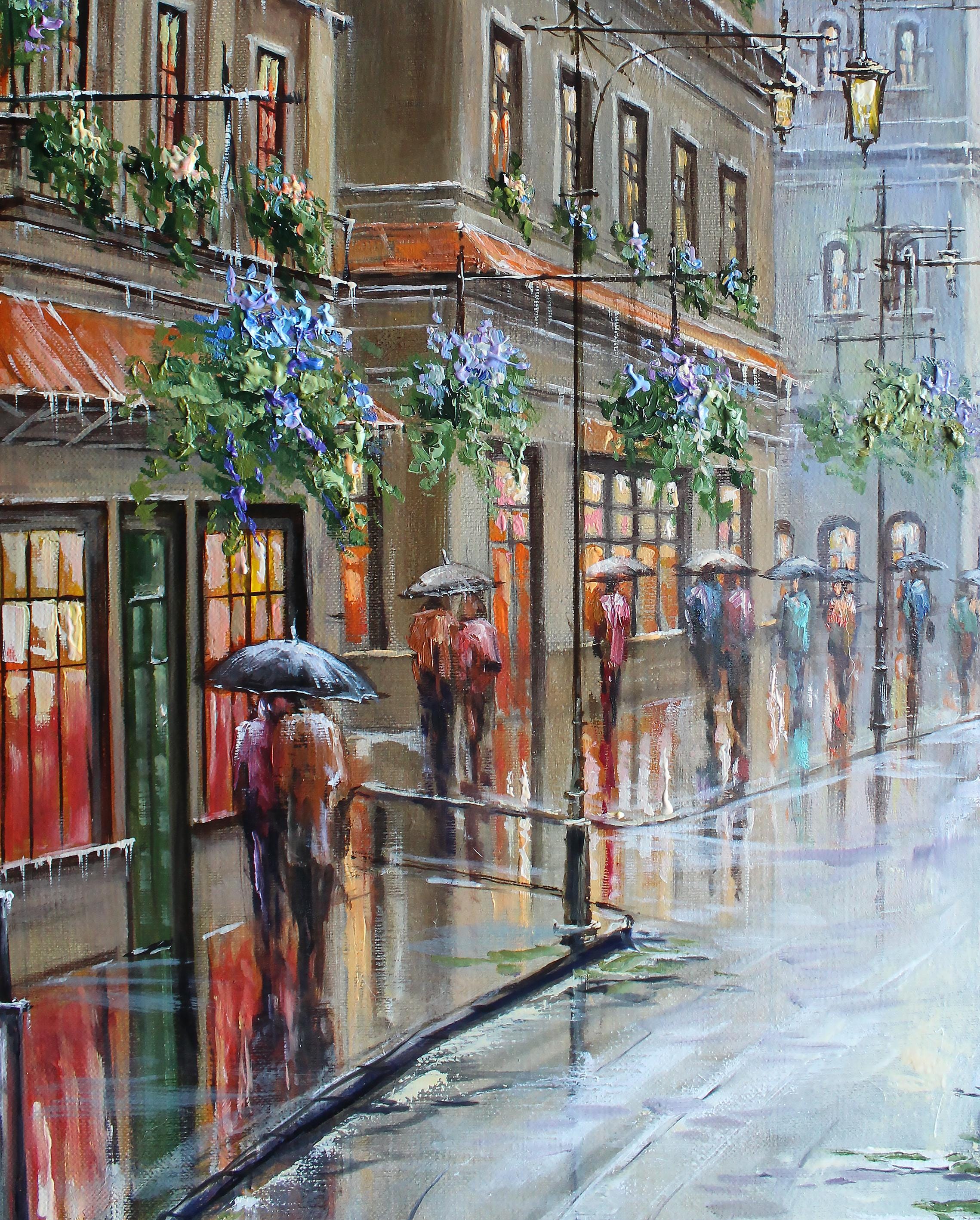 雨の街のオリジナル油絵 ヨーロッパの都市芸術 雨の壁の装飾 風景
