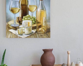ワインとチーズのオリジナル油絵静物画食べ物と飲み物のアートワイン