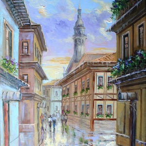 European Cityscape Oil Painting: Vintage Rain Art, Cottage Decor