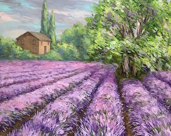 Lavender Field Original Oil Painting Provence Landscape Art Cottage Decor Lavender art Gift for her Cottage decor Anniversary gift
