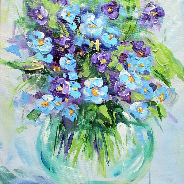 Peinture de fleurs printanières Art pour les myosotis Peinture de fleurs dans un vase Peinture de fleurs Art floral Décoration murale florale Cadeau floral Art floral