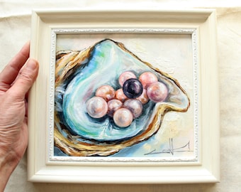 Pintura al óleo original de concha con perlas Regalo para esposa Regalo de aniversario Decoración de pared de dormitorio Arte náutico Decoración de cabaña Arte de perlas Arte de regalo
