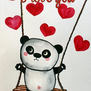 Panda con cuori acquerello originale Ti amo arte Regalo di San Valentino Regalo personalizzato Regalo per fidanzata Arte dell'amore Decorazione murale romantica