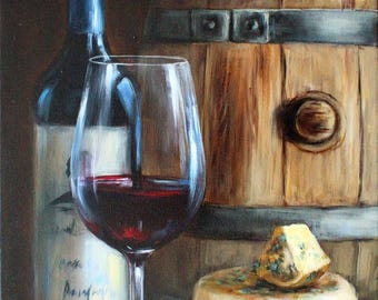 Wine and Cheese Original Oil Painting Kitchen Art Wine Art Living Room Decor Housewarming Gift Bar Decor Wine Gift Personal Gift Winery art