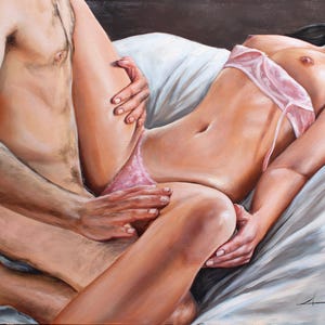 Young woman and man in bed original oil painting Couple in love art Gift for her Romantic gift Valentine&#39;s day gift Intimate art Love art
