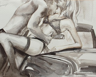 Romantic original watercolor painting of a man and woman making love near a car Romantic art Sensual gift Art for couples Bedroom decor
