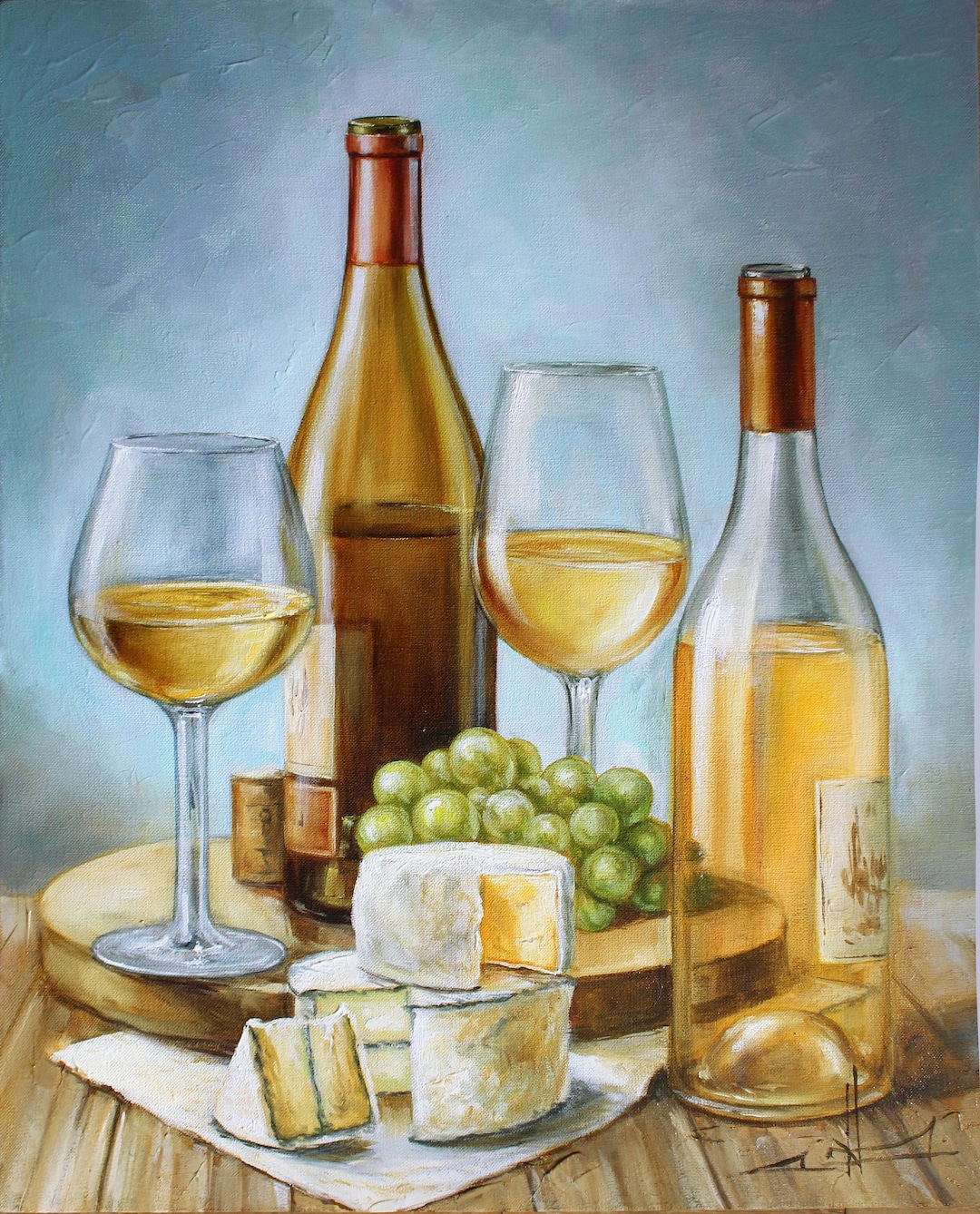 ワインとチーズのオリジナル油絵静物画食べ物と飲み物のアートワイン