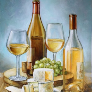 Wine and Cheese Original Painting Food and Drink Art Wine art Gift for her Anniversary gift Housewarming gift Gift for wife Cottage decor