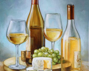 ワインとチーズのオリジナル油絵静物画食べ物と飲み物のアートワイン