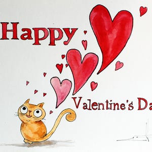 Cartoon Kätzchen mit Herz original Aquarell Valentinstag Geschenk Geschenk für Frau Geschenk für Mann Niedliches Wanddekor Geschenk für geliebte Liebeskunst