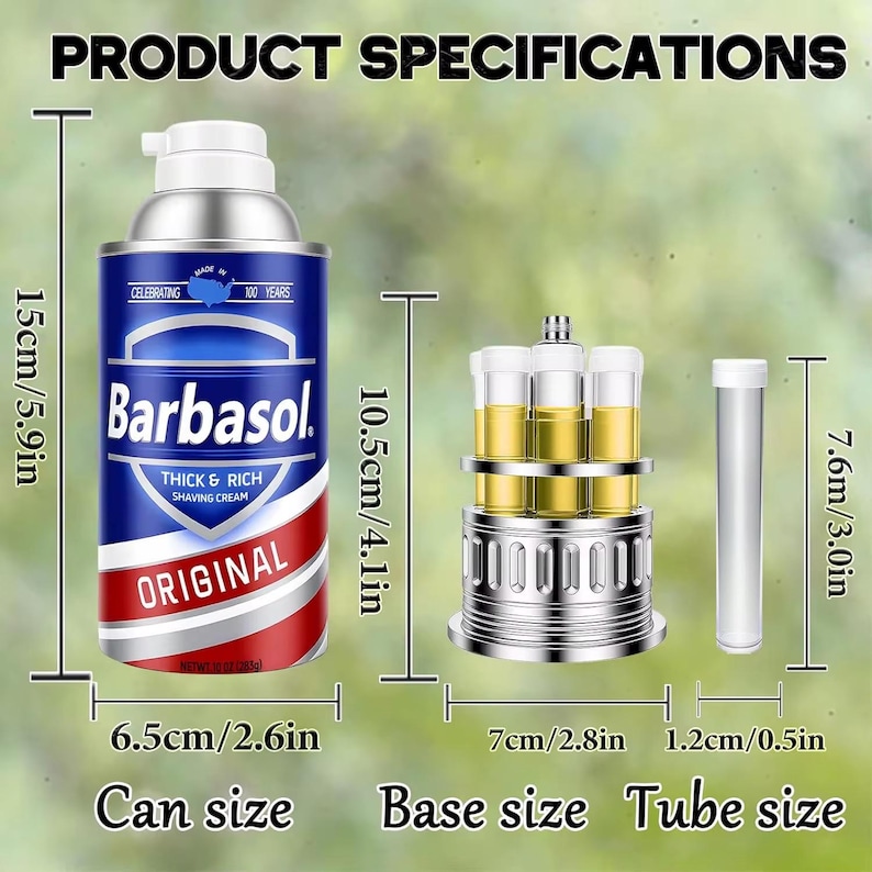 May include: An image showing product specifications, including a Barbasol shaving cream can (15cm tall), a base (7cm wide), and a tube (7.6cm tall). The shaving cream can is blue, white, and red. The base and tube are silver and clear.