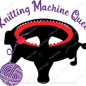May include: A black knitting machine with a red circular needle bed and a purple yarn ball. The text "Knitting Machine Queen" is written in purple letters.