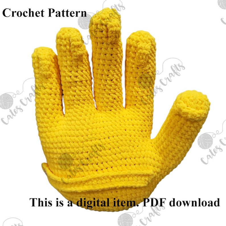 Pu&ograve; includere: Schema a uncinetto per una mano gialla con cinque dita. Lo schema &egrave; un download digitale.